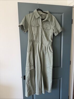 Utility Shirt Wide Leg Jumpsuit in Sage Green